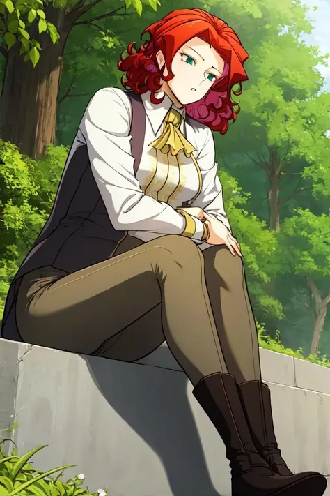 <lora:TWBE:1>, alicia termina, 1girl, solo, white shirt, yellow necktie, grey pants, sitting, black footwear