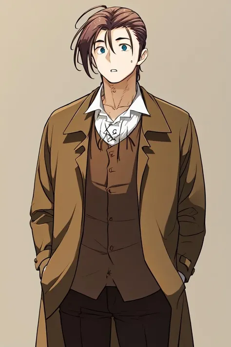 <lora:TWBE:1>, 1boy, solo, lloyd frontera, white shirt, brown coat, brown waistcoat, black pants