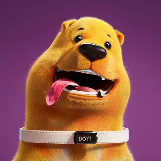 Masterpieces, of the best quality,
Wool felt, tongue, tongue out, collar, simple background, dog, no humans, looking at viewer, solo, purple background, animal collar, facial hair, open mouth, black eyes, smile, animal focus