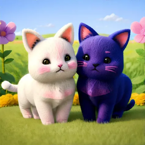 <lora:felted:0.8> wool felt, two adorable cats playing in a field of flowers, masterpiece, highres, HD, shallow depth of field, sharp focus, 8k