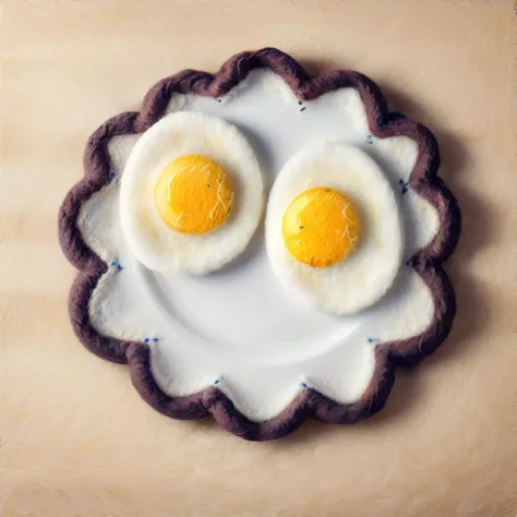 <lora:felted:0.8> wool felt, fried eggs and bacon on a breakfast plate, masterpiece, highres, HD, shallow depth of field, sharp focus, 8k