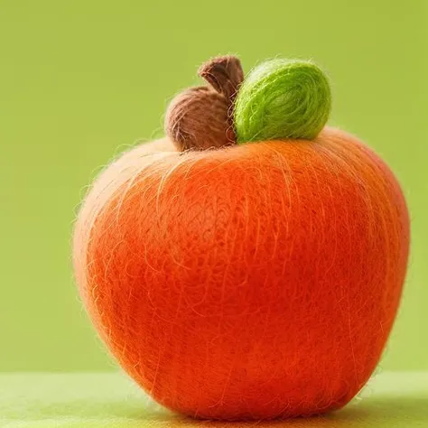 Masterpieces, of the best quality,
Wool felt, no people, an orange apple, a leaf embellishment, vegetables, fruit, food, simple background, light green gradient background,