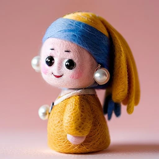 masterpiece,best quality,
Wool felt, solo, no humans,Girl with Pearl Earring, artist's work, cartoon, chibi, Lovely, Dutch master, Jan Vermeer van Delft, smile, pink background, hat, black eyes, standing