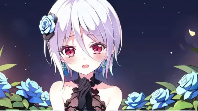 ((masterpiece, best quality)),1girl, solo, short hair, red eyes,blush,<lora:furano:0.9>,siitting,blue_rose, blue_flower, flower, jewelry, dress,hair_flower, rose, earrings,bare_shoulders,black gloves, night sky,in a garden,open mouth, praying,