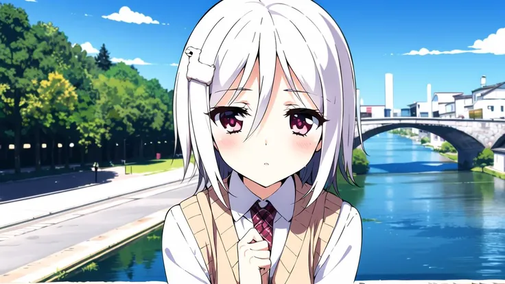 <lora:furano8:0.9>1girl,solo,furano_face,hair ornament,blush,furano_cloth,white hair
jewel-like eyes,
dynamic pose,above waist,upper body,
river, building, bridge,
colorful,warm color