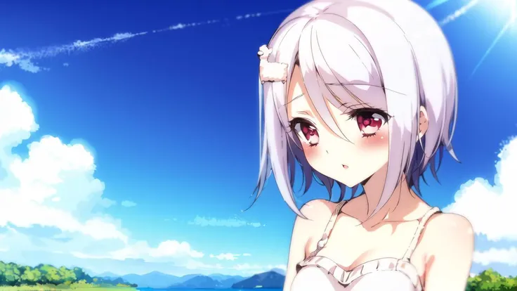 <lora:furano8:0.9>1girl,solo,furano_face,hair ornament,blush,white hair,
jewel-like eyes,
bare shoulders, dress,white dress,
dynamic pose,upper body, above waist,
river,wind,sunlight, sky,warm sunlight,
colorful,warm color