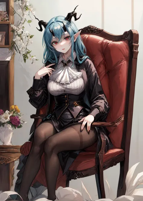 score_9, score_8_up, score_7_up, score_6_up, score_5_up, source_anime, BREAK,masterpiece, best quality, highly detailed, ,detailed background, indoors, dark cyan blue hair , large breasts , detailed eyes,    large breasts, perfect face, detailed face,  1girl, , black coat, tall, (black pantyhose:1.5), long  hair, white sweater,  dark blue  lips, pale lips ,closed mouth, , red pupils, ascot,black coat, cane, demon girl,  horns, open clothes, pale skin, very pale skin, white ascot, white shirt,  black victorian clothing, vampire, black victorian coat,gothic art, (mature:1.5), milf,solo, solo focus, sitting in chair, thick thighs, wide hips,
 <lora:Salus_V11:0.8> <lora:add_detail:0.8>