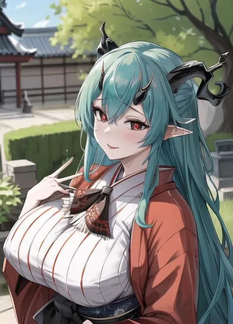 masterpiece, best quality, highres, 1girl,garden background, salus , horns, demon horns, four horns, <lyco:salus_v2:0.75>, black sclera, pale skin, red pupils, aqua hair, (kimono), (japanese kimono), (long kimono), (red kimono), (white and red kimono)