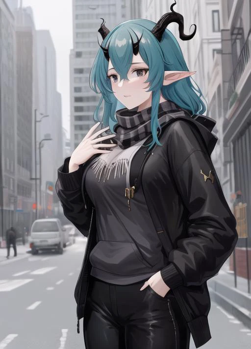 masterpiece, best quality, highres,  1girl,city  background, salus , horns,  standing, pointy ears , <lyco:salus:0.81>, hoodie, long black pants, scarf