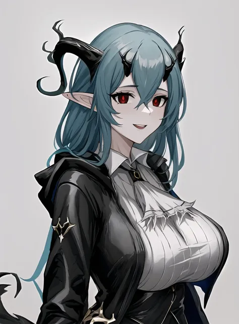 best quality, masterpiece, highres, solo, aqua_hair, long_hair,  bangs, breasts, hair_between_eyes, upper_body, cleavage, big_breasts, 1girl, bare_shoulders, looking_at_viewer, portrait, simple_background,   salus , horns,  standing, pointy ears , <lyco:salus0.86>, pale skin, red pupils, black sclera, long coat, black eyes, red eyes. horns, hood,  pointy ear