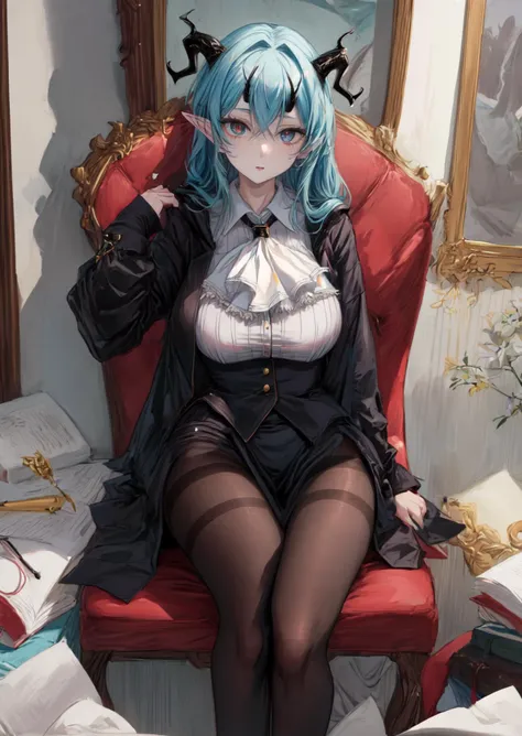 score_9, score_8_up, score_7_up, score_6_up, score_5_up, source_anime, BREAK,masterpiece, best quality, highly detailed, ,detailed background, indoors, dark cyan blue hair , large breasts , detailed eyes,    large breasts, perfect face, detailed face,  1girl, , black coat, tall, (black pantyhose:1.5), long  hair, white sweater,  dark blue  lips, pale lips ,closed mouth, , red pupils, ascot,black coat, cane, demon girl,  horns, open clothes, pale skin, very pale skin, white ascot, white shirt,  black victorian clothing, vampire, black victorian coat,gothic art, (mature:1.5), milf,solo, solo focus, sitting in chair, thick thighs, wide hips, perfect fingers,
 <lora:Salus_V11:0.8> <lora:add_detail:0.8>