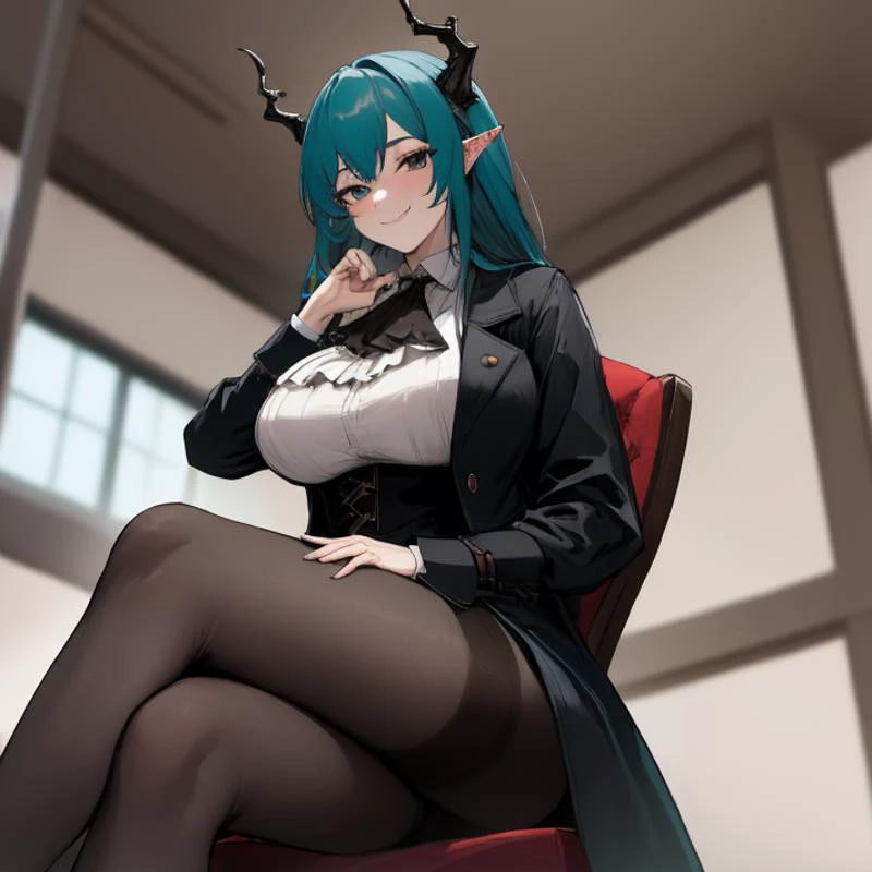 masterpiece, best quality, highres, 1 girl, horns, black eyes,  mature woman, huge breasts, ascot, , black pantyhose,  indoors,cyan hair, black coat, from below, solo, solo focus, sitting,female focus,salus,salus_(arknights) , smile, smug, red pupils,,black victorian clothing, black victorian coat, mature
 <lora:Salus_V11:0.5>