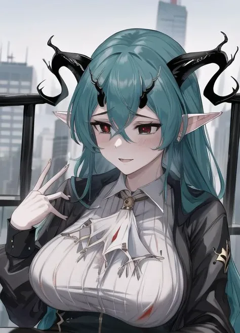 masterpiece, best quality, highres, 1girl,city background, salus , horns, demon horns, four horns, <lyco:salus_v2:0.9>, black sclera, pale skin, red pupils, aqua hair