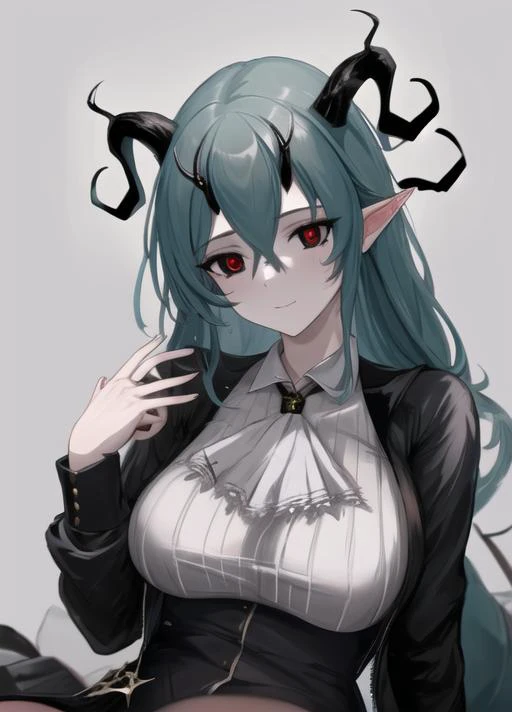 masterpiece, best quality, highres,  1girl, bedroom  background,  <lyco:salus:0.85>, salus , horns,  black sclera, red pupils