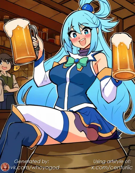 zPDXL, source_anime, rating_sensitive, BREAK
<lora:CenturiiChan:0.85>,centurii-chan_(style),
1girl, solo focus,masterpiece, best quality,
aqua \(konosuba\), thighhighs, (solo:1.3), long hair, blue eyes, blue hair, beer mug, detached sleeves, skirt, cup, mug, open mouth, sitting, breasts, crossed legs, smile, looking at viewer, hair rings, holding, holding cup, hair ornament, blue skirt, beer, bare shoulders, blush, alcohol, thigh boots, indoors, white thighhighs, shirt, barrel, medium breasts, from below, bow, bangs, single hair ring, hair between eyes, boots, green bow, :d, miniskirt, thighs, blue shirt, very long hair, sleeveless