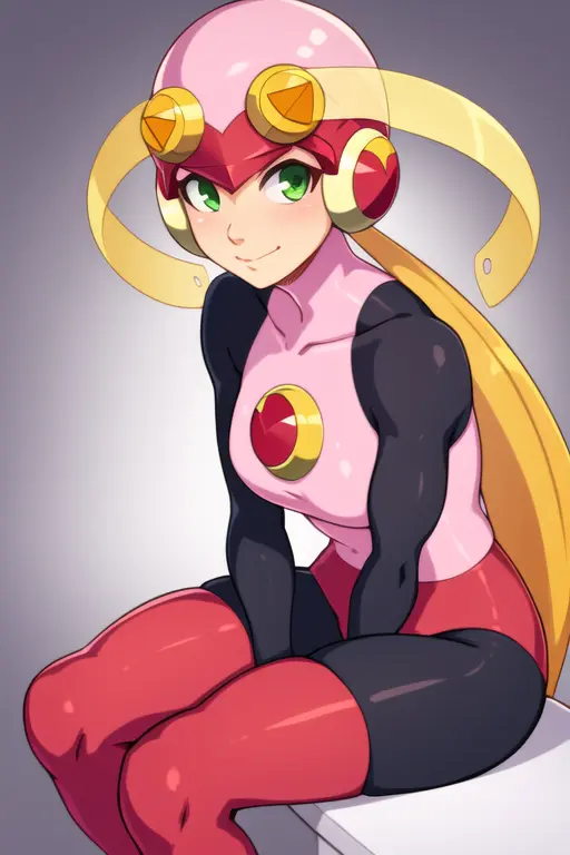 roll_exe_megamanbn, 1girl, solo, sitting with hands resting on knees and leaning slightly forward, helmet, blonde hair, long hair, leotard, green eyes, pink bodysuit, bodysuit, masterpiece, high quality, <lora:Roll_Exe_MegaMan_BN_V-06:0.7>