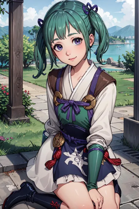 Kneeling and mimicking blowing kisses,feet out of frame,<lora:midoriV1:0.9>,smile,closed mouth,midori, boots, japanese clothes, looking at viewer, bridal gauntlets,black footwear, white skirt, long sleeves, purple ribbon, white kimono,blue footwear, hair ornament, hair ribbon, knee boots, gloves,outdoors,(masterpiece, best quality, ultra-detailed, best shadow)