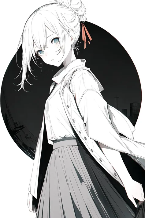 (best quality, masterpiece, highres),1girl,solo,ribbon,messy bun hair,cover-up,summer_long_skirt,looking at viewer,dynamic_angle,
<lora:Bx_cool white_v1.08:1>,