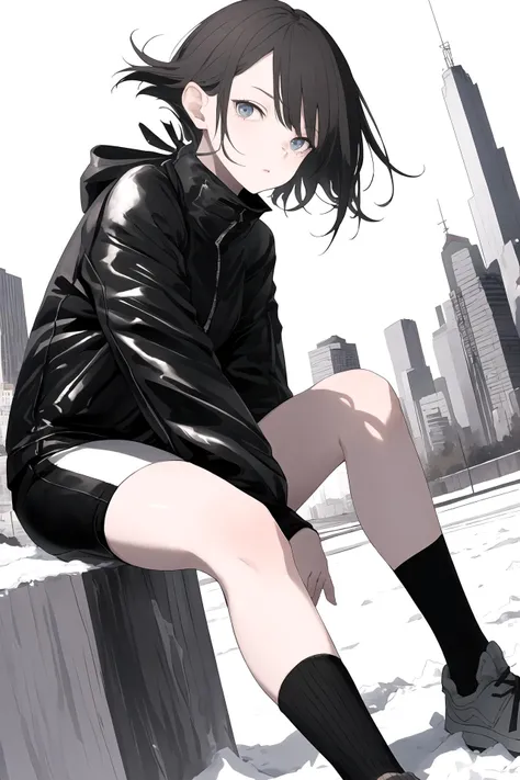 (best quality, masterpiece, highres),1girl,solo,ribbon,very short hair,winter socks,biker_clothes,looking at viewer,dynamic_angle,
<lora:Bx_cool white_v1.08:1>,