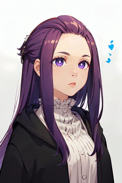 <lora:bangs-pinned-back:1> bangs pinned back, hair tie, portrait, upper body, face focus, <lora:Fern:1> FernFrieren, very long hair, purple eyes, (purple pupils), white dress, black robe,, ultra detailed, masterpiece, best quality, aesthetic, detailed,