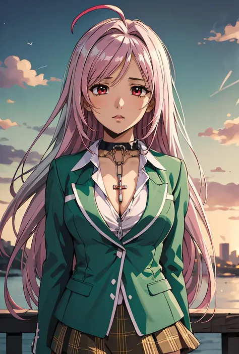 (masterpiece, best quality), 1girl,   <lora:akashiyamoka-nvwls-v1:0.8> outermoka, pink hair, ahoge, green eyes, choker, cross chain, cleavage, green blazer, green jacket, plaid skirt, innermoka, silver hair, red eyes, choker, chain, cleavage, green blazer, green jacket, plaid skirt