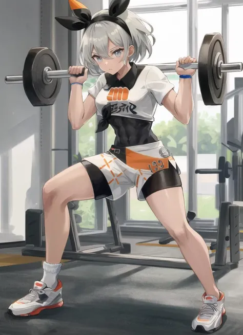 ((best quality)), ((highly detailed)), masterpiece, (detailed eyes, deep eyes), (1girl), full body, <lora:pokemon_bea:1>, bea \(pokemon\), short hair, grey hair, grey eyes, (dark skin, dark-skinned female), hairband, collared shirt, bodysuit under clothes, print shorts, single glove, inside, in a gym, lifting weights