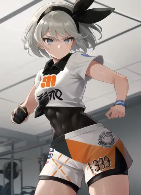 ((best quality)), ((highly detailed)), masterpiece, extremely detailed face, beautiful face, (detailed eyes, deep eyes), (1girl), cowboy shot, <lora:pokemon_bea:1>, bea \(pokemon\), short hair, grey hair, grey eyes, (dark skin, dark-skinned female), hairband, collared shirt, bodysuit under clothes, print shorts, single glove, inside, in a gym, fighting pose