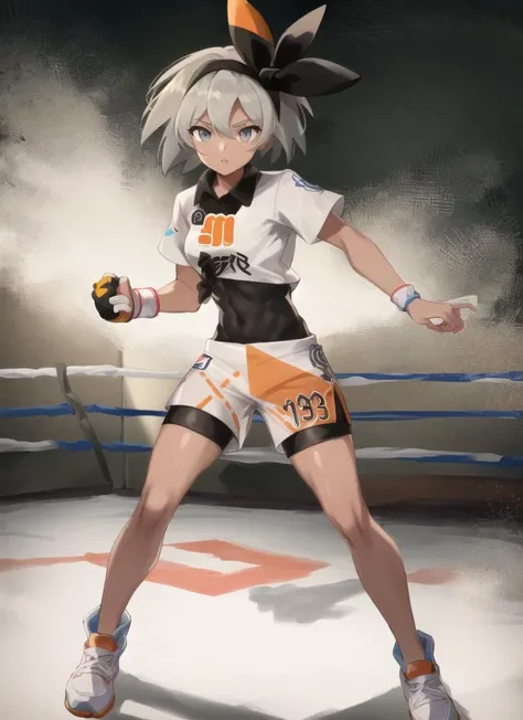 ((best quality)), ((highly detailed)), masterpiece, (detailed eyes, deep eyes), (1girl), full body, <lora:pokemon_bea:1>, bea \(pokemon\), short hair, grey hair, grey eyes, (dark skin, dark-skinned female), hairband, collared shirt, bodysuit under clothes, print shorts, single glove, inside, in a boxing ring