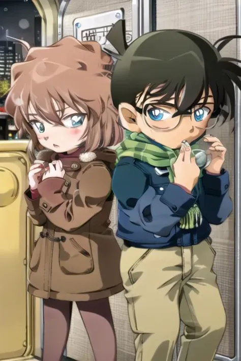 <lora:conanXHaibaraIn1PicX_v10:1>, masterpiece, best quality, train interior, night, snow, light, 1boy, 1girl, scarf, glasses, brown hair, yellow scarf, short hair, green eyes, coat, pantyhose, blue eyes, child, winter clothes, blush, black hair,