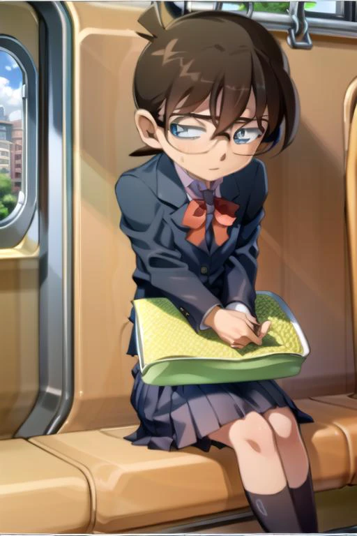 <lora:conanXHaibaraIn1PicX_v10:1>, 1boy, 1girl, school uniform, child, train interior, sitting together, best quality, looking at another,