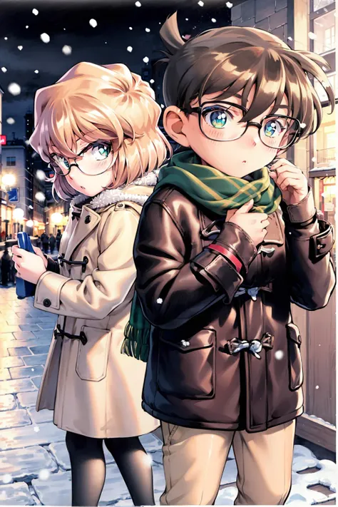 masterpiece, best quality,outdoors,night,snow,light,1boy,1girl,, scarf, glasses, brown hair, yellow scarf, short hair, green eyes, coat, pantyhose, blue eyes, child, winter clothes, traditional media, blush, black hair,