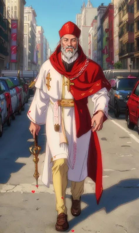 stval2024, 1man, best quality, masterpiece, full body, trending on arstation, staff, surrounded by love hearts, raw image, photorealistic, walking in new york, 5 fingers, beard, bishop, robe,