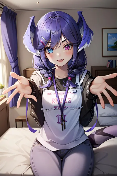 (masterpiece, best quality),  intricate details,
1girl,   <lora:nijisanji_tatsuki-10:0.8> selen tatsuki, fangs, twin braids, hairclip, head wings, heterochromia, black sweater, lanyard, purple pants, dragon tail, 
on bed, hands towards viewer, smile,