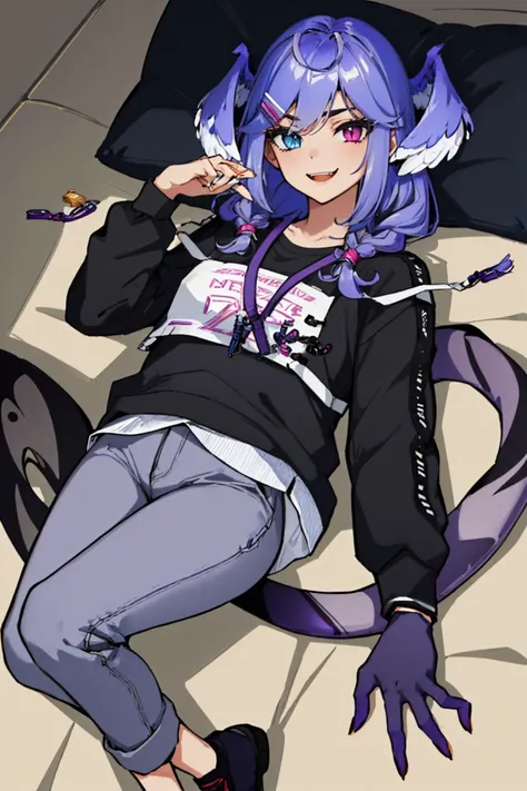 (masterpiece, best quality:1.2), from above, solo, 1girl, selen tatsuki, fangs, smile, looking at viewer, lying, on back, twin braids, hairclip, head wings, heterochromia, black sweater, lanyard, purple pants, dragon tail <lora:nijisanji_tatsuki:1.0>