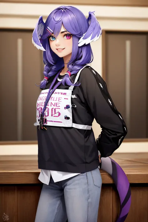 (masterpiece, best quality:1.2), solo, 1girl, selen tatsuki, fangs, smile, looking at viewer, arms behind back, twin braids, hairclip, head wings, heterochromia, black sweater, lanyard, purple pants, dragon tail <lora:nijisanji_tatsuki:1.0>