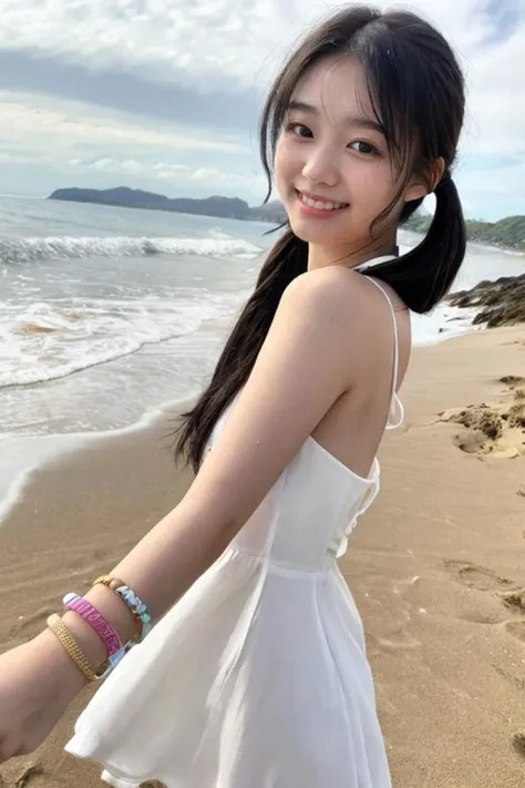 photo of a beautiful 18-year-old japanese ido standing on a sandy beach with the ocean in the background,She has long,black hair that is styled in twintails,She is wearing a white dress adorned with small colorful patterns,The woman is looking directly at the viewer with a smile,She has a bracelet on her wrist,The sky is clear with a few scattered clouds,and the ocean appears calm,The overall ambiance of the image is serene and sunny,
ultrahigh-res,best quality and best aesthetic,<lora:PornMaster-AmateurV6+sdsFILM_v5:0.8>