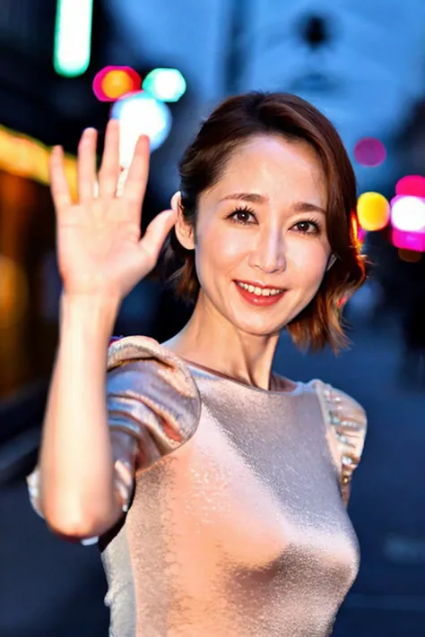 <lora:shinodayuu_v1:0.9>,flash photography,(a photo of a woman named shinodayuu:1), (face), solo, brown hair, dress, short hair,smile
<lora:PornMaster-Amateur&DPO-FULL+sdsFILM_v5:0.2>,face clsoe-up,waving,hand up,
outdoors, night street background <lora:waving _V1:0.6>