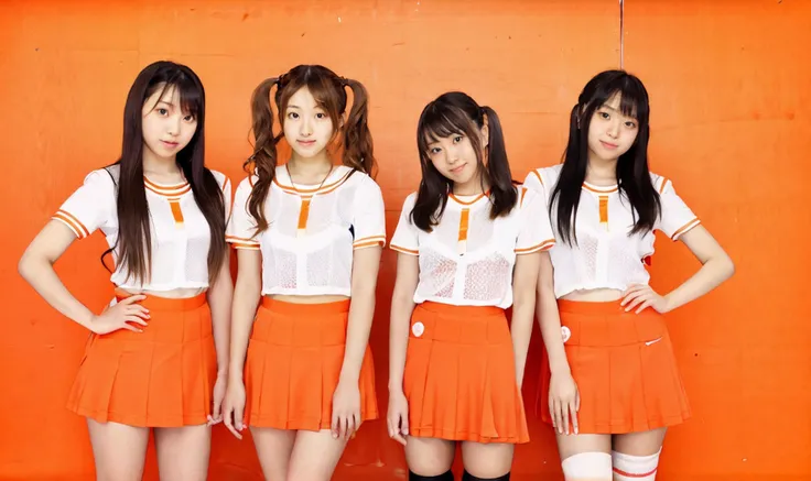 studio light,(5 women:1.3), (a photo of five 18-year-old japanese women) with different faces and different hairstyles and they are wearing the same clothes, skirt, long hair, brown hair, smile, black hair, looking at viewer, bangs, shirt, standing, short sleeves, parted lips, twintails, socks
<lora:five women_V2:0.9> Orange background, simple background, <lora:pornmaster_dpo+braV7:0.3>, <lora:PornMaster-Amateur&DPO-FULL+sdsFILM_v5:0.3>, Raw format,ultrahigh-res,film still,film grain,cinematic