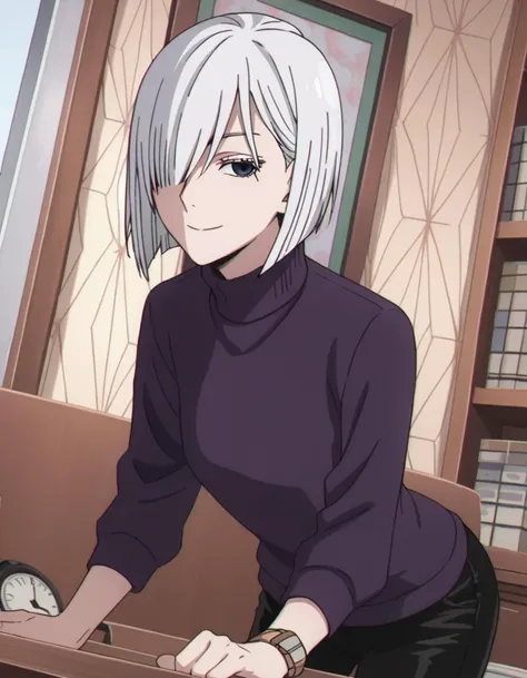 score_9, score_8_up, score_7_up, source_anime,
fionafrost, <lora:fiona-frost-s1-ponyxl-lora-nochekaiser:1>,
fiona frost, white hair, short hair, hair over one eye, grey eyes,
long sleeves, pants, sweater, turtleneck, black pants, watch, turtleneck sweater, wristwatch, purple sweater,
indoors, smile, bent over,
looking at viewer, solo, cowboy shot, dutch angle,