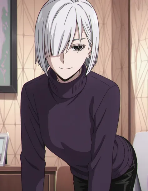 score_9, score_8_up, score_7_up, source_anime,
fionafrost, <lora:fiona-frost-s1-ponyxl-lora-nochekaiser:1>,
fiona frost, white hair, short hair, hair over one eye, grey eyes,
long sleeves, pants, sweater, turtleneck, black pants, watch, turtleneck sweater, wristwatch, purple sweater,
indoors, smile, bent over,
looking at viewer, solo, cowboy shot, dutch angle,