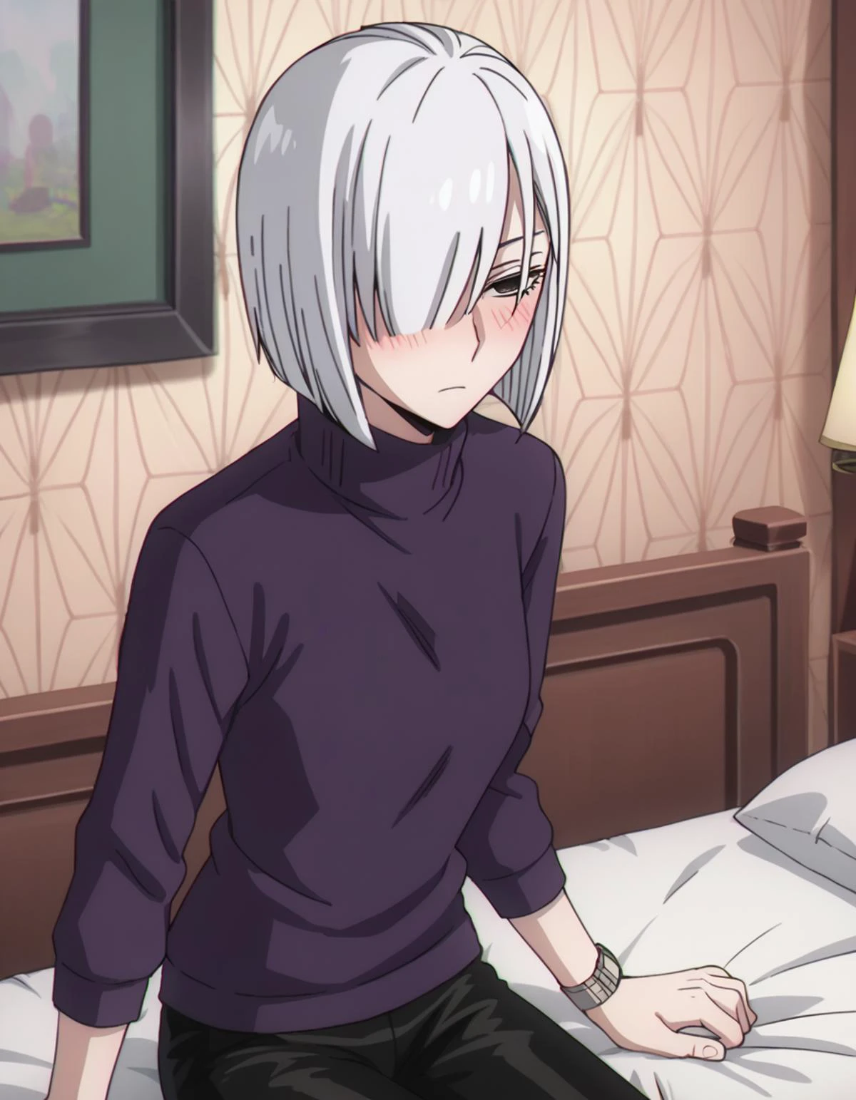 score_9, score_8_up, score_7_up, source_anime,
fionafrost, <lora:fiona-frost-s1-ponyxl-lora-nochekaiser:1>,
fiona frost, white hair, short hair, hair over one eye, grey eyes,
long sleeves, pants, sweater, turtleneck, black pants, watch, turtleneck sweater, wristwatch, purple sweater,
indoors, bed, bed room, on side, blush, drunk,
looking at viewer, solo, cowboy shot, dutch angle,
