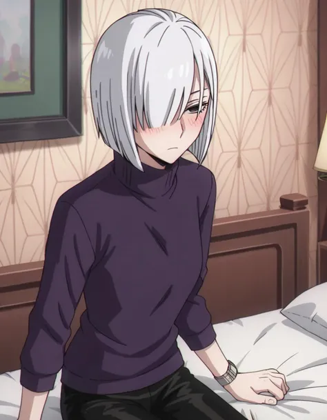 score_9, score_8_up, score_7_up, source_anime,
fionafrost, <lora:fiona-frost-s1-ponyxl-lora-nochekaiser:1>,
fiona frost, white hair, short hair, hair over one eye, grey eyes,
long sleeves, pants, sweater, turtleneck, black pants, watch, turtleneck sweater, wristwatch, purple sweater,
indoors, bed, bed room, on side, blush, drunk,
looking at viewer, solo, cowboy shot, dutch angle,