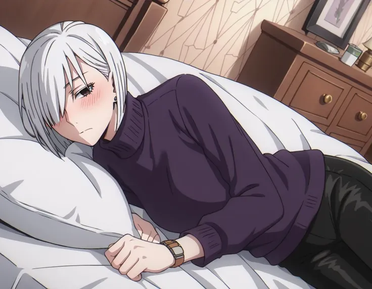 score_9, score_8_up, score_7_up, source_anime,
fionafrost, <lora:fiona-frost-s1-ponyxl-lora-nochekaiser:1>,
fiona frost, white hair, short hair, hair over one eye, grey eyes,
long sleeves, pants, sweater, turtleneck, black pants, watch, turtleneck sweater, wristwatch, purple sweater,
indoors, bed, bed room, on side, blush, drunk,
looking at viewer, solo, cowboy shot, dutch angle,