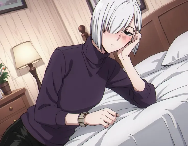 score_9, score_8_up, score_7_up, source_anime,
fionafrost, <lora:fiona-frost-s1-ponyxl-lora-nochekaiser:1>,
fiona frost, white hair, short hair, hair over one eye, grey eyes,
long sleeves, pants, sweater, turtleneck, black pants, watch, turtleneck sweater, wristwatch, purple sweater,
indoors, bed, bed room, on side, blush, drunk,
looking at viewer, solo, cowboy shot, dutch angle,