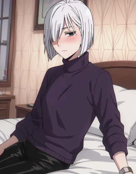 score_9, score_8_up, score_7_up, source_anime,
fionafrost, <lora:fiona-frost-s1-ponyxl-lora-nochekaiser:1>,
fiona frost, white hair, short hair, hair over one eye, grey eyes,
long sleeves, pants, sweater, turtleneck, black pants, watch, turtleneck sweater, wristwatch, purple sweater,
indoors, bed, bed room, on side, blush, drunk,
looking at viewer, solo, cowboy shot, dutch angle,