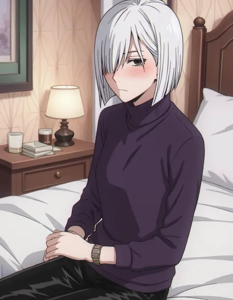 score_9, score_8_up, score_7_up, source_anime,
fionafrost, <lora:fiona-frost-s1-ponyxl-lora-nochekaiser:1>,
fiona frost, white hair, short hair, hair over one eye, grey eyes,
long sleeves, pants, sweater, turtleneck, black pants, watch, turtleneck sweater, wristwatch, purple sweater,
indoors, bed, bed room, on side, blush, drunk,
looking at viewer, solo, cowboy shot, dutch angle,