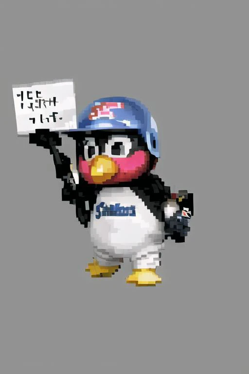 best quality,high resolution,extremely detailed CG, <lora:Tsubakurou_V1_1.0_MIDD:1> tsuba9rou, mascot, sign, holding sign, dirty, baseball helmet, black eyes, yellow beak, <lora:SRWAlpha1Sprites:1> srwalpha1sprites, simple background