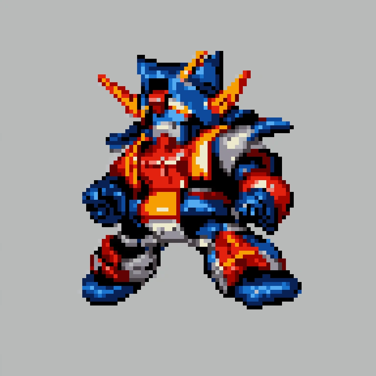 (16-bit pixel art:1.3), cinematic still, hdr, Big bipedal mecha shooting lasers, <lora:SRWAlpha1Sprites-50:1> SRWAlpha1Sprites, simple background, super robot wars,, (masterpiece, best quality, absurdres, detailed, ultra-detailed:1.3)