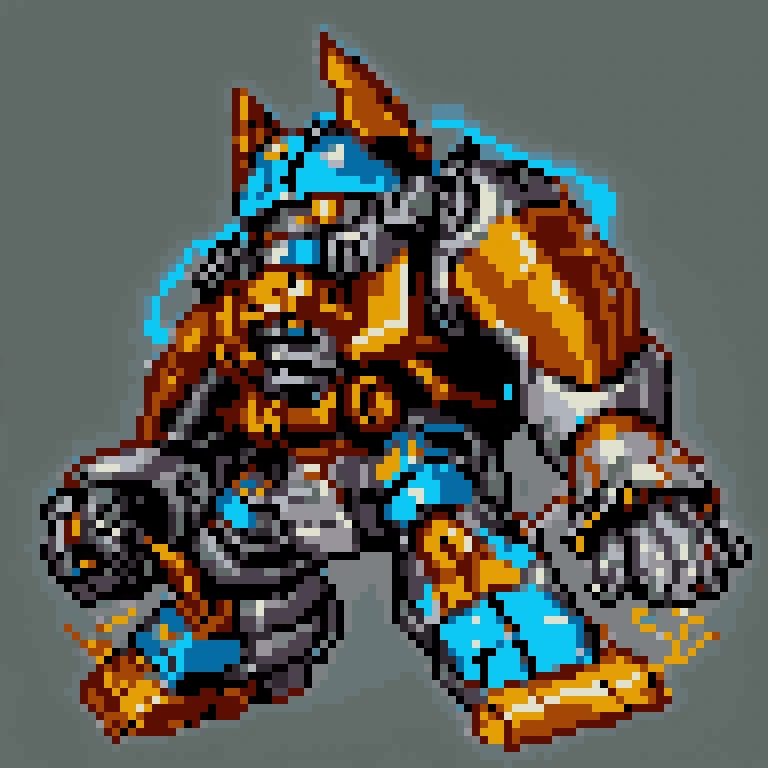 (16-bit pixel art:1.3), cinematic still, hdr, Big bipedal mecha powered by jolttech, crackling electricity beam shoulder cannon, <lora:SRWAlpha1Sprites-50:1> SRWAlpha1Sprites, simple background, super robot wars, <lora:JoltTech-22:0.68>, (masterpiece, best quality, absurdres, detailed, ultra-detailed:1.3)