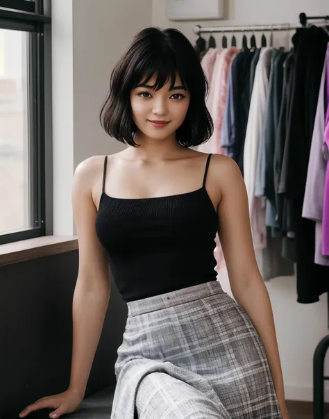 <lora:Hotaru_Tomoe_v1:1> hotarutomoe, purple eyes, black hair, short hair, bangs,, 1girl, cute model. Long thick Maxi Skirt, Knit tube top, swept back hair, alluring smile, working at a clothing store, perfect eyes, highly detailed beautiful expressive eyes, detailed eyes, 35mm photograph, film, bokeh, professional, 4k, highly detailed dynamic lighting, photorealistic, 8k, raw, rich, intricate details,